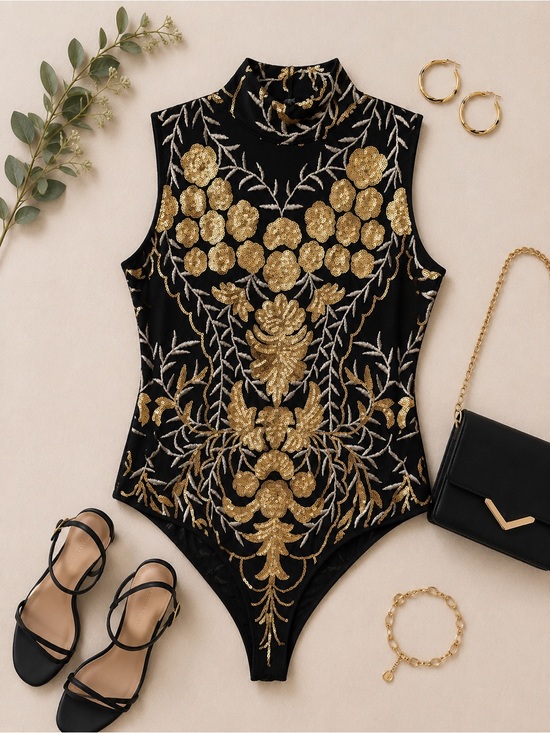 Fashion Nova Pants - Fashion Nova Black & Gold Sequin Embroidered Bodysuit Size Medium NWOT
